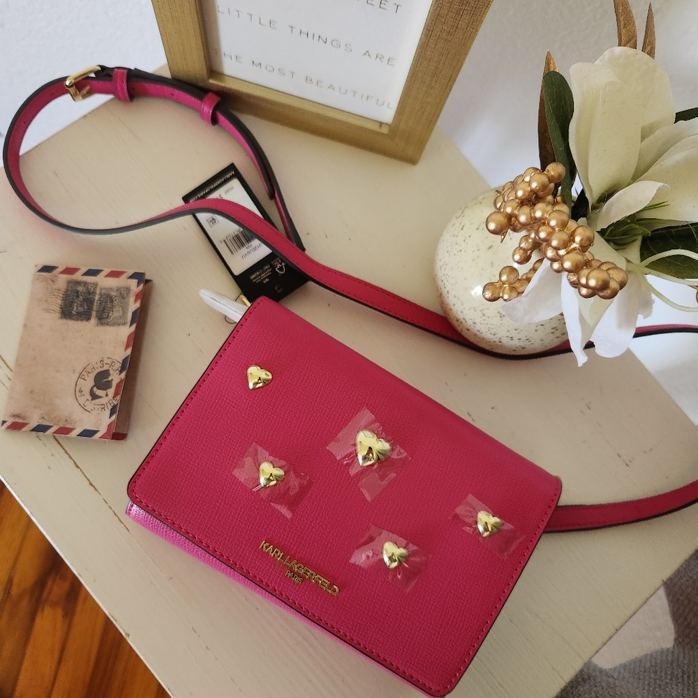 NWT Karl Lagerfeld Paris Maybelle Hot Pink Gold Heart Crossbody